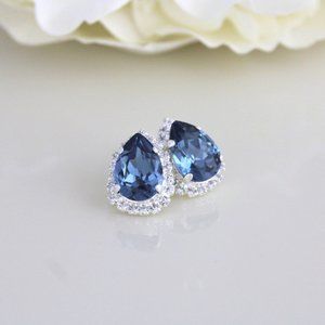 Navy blue earrings Crystal Bridal earrings Bridal jewelry Teardrop earrings
